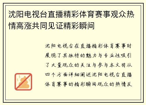 沈阳电视台直播精彩体育赛事观众热情高涨共同见证精彩瞬间