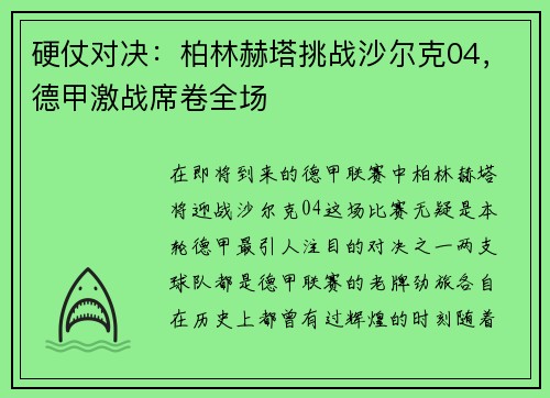 硬仗对决：柏林赫塔挑战沙尔克04，德甲激战席卷全场